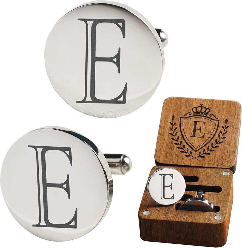 SeemDanten Mens Classic Initial Cuff links A-Z Alphabet 26 Letters Stainless Steel Silver CuffLinks with Engraved Walnut Wood Gift Box Business Wedding Set - Image 1